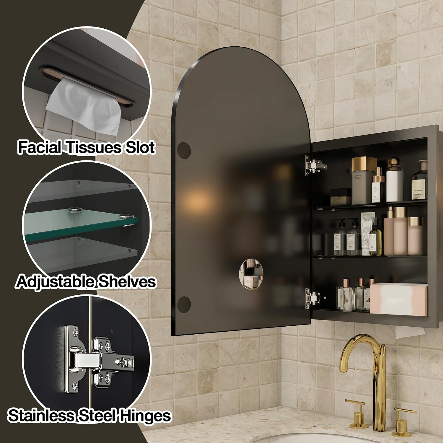 Arched Medicine Cabinet Mirror No Assembly Needed Bathroom Mirror with Storage Recessed or Surface Mount Options (Black, 31.5' L x 19.7' W)