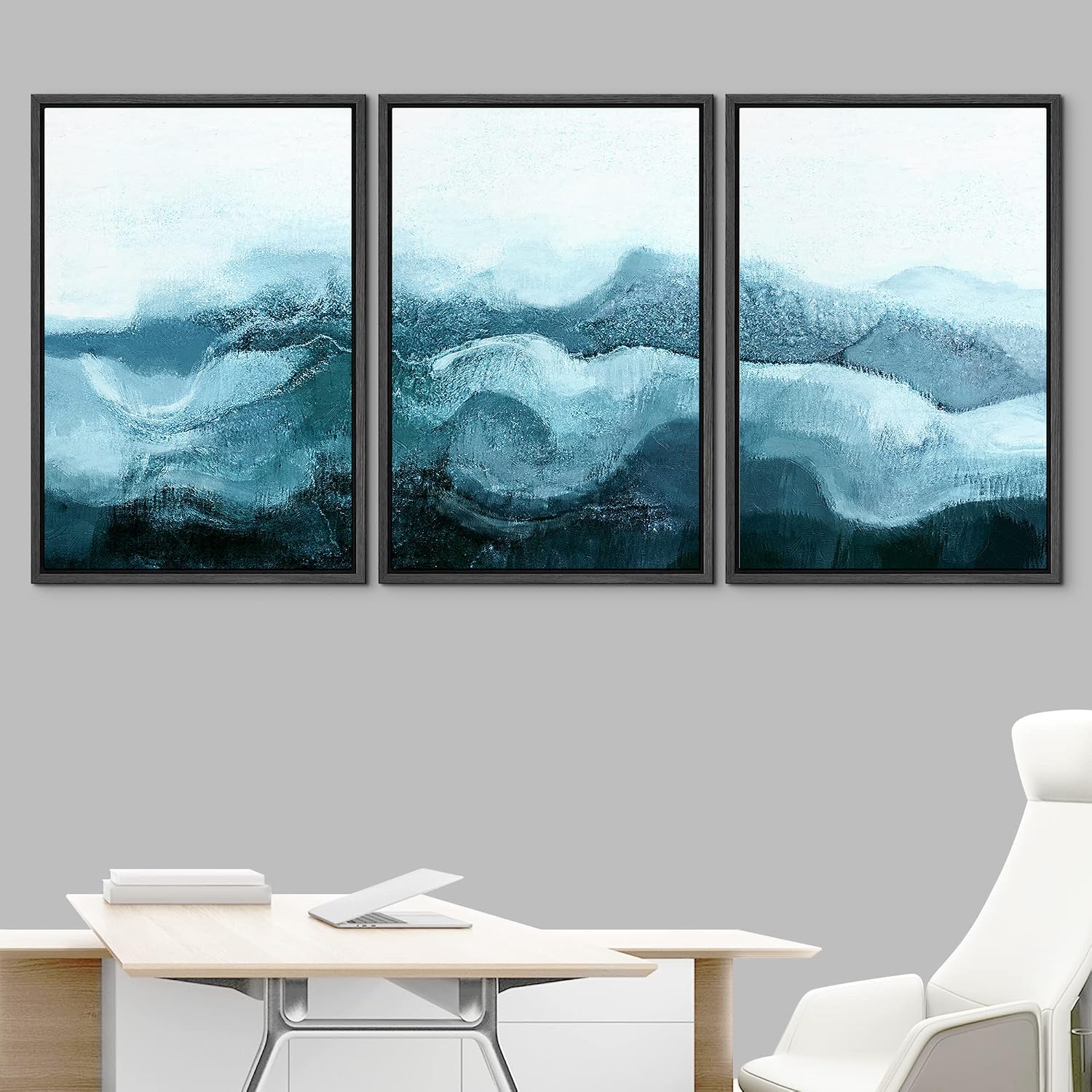 NWT Framed Canvas Print Wall Art Set Blue White Minimal Winter Cloud Mountain Abstract Wilderness Illustrations Art Rustic Scenic Relax/Calm for Living Room, Bedroom, Office - 16'x24'x3 Black