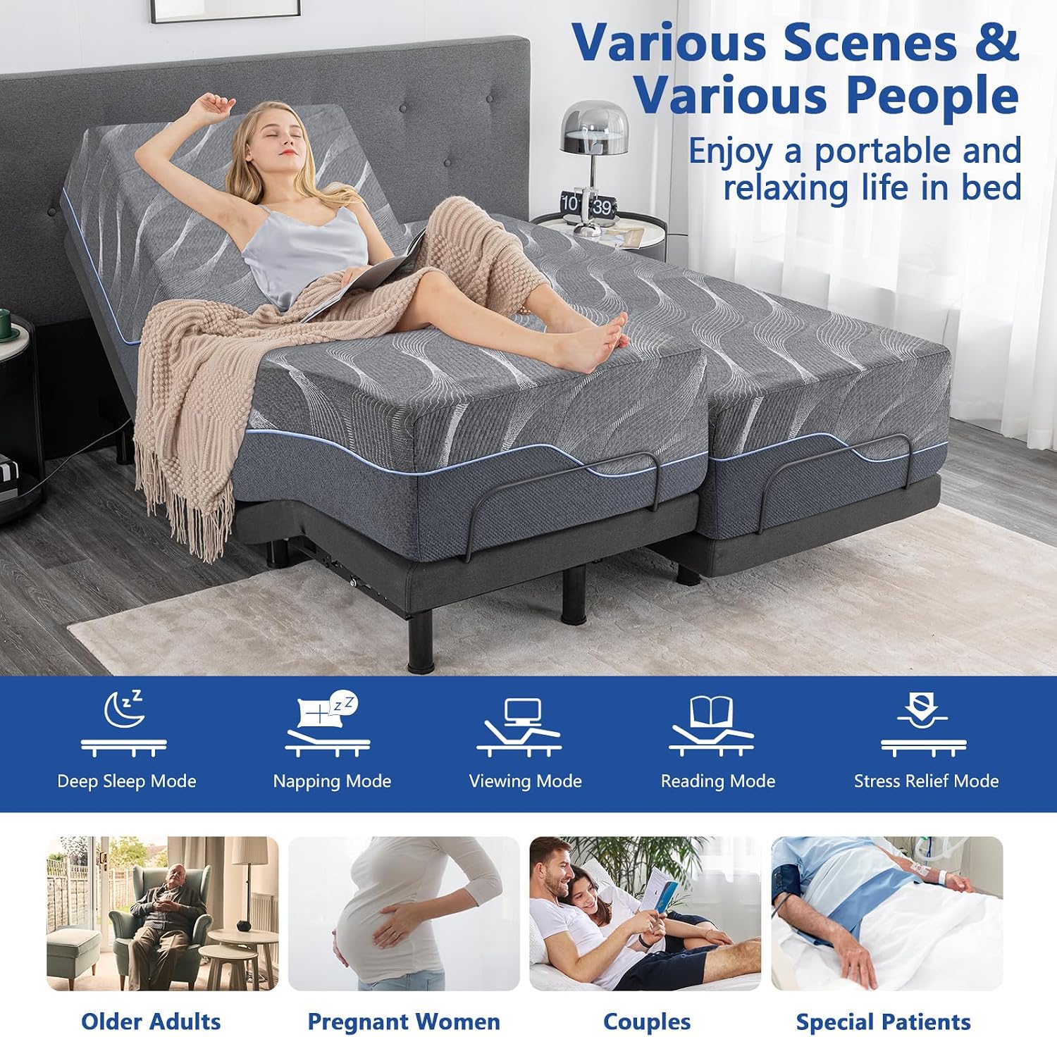 Twin XL Adjustable Bed Frame with Massage,12 Inch Cooling Gel Memory Foam Medium Firm Mattress in Box, Voice control, Head /Foot Incline, Adjustable legs, Anti-Snore/0 Gravity, Thickened Foam Frame