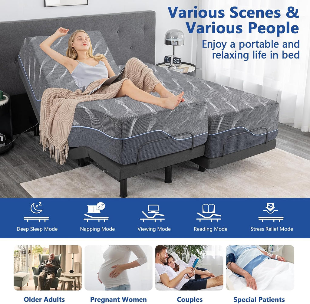 Full Size Adjustable Bed Frame with Massage,14 Inch Grey Gel Memory Foam Mattress, Bed Base with Adjustable legs,Separate Head/Foot Lift,Voice control,Anti-Snore/Zero Gravity,Thickened Foam Frame
