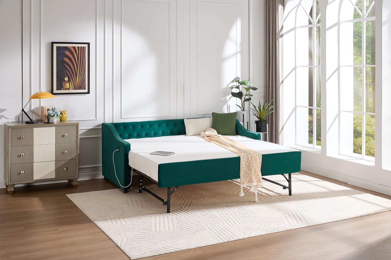 Twin to King Daybed with Trundle, USB Ports Soft Upholstered Daybed with Pop Up Trundle Bed Twin, Modern Extendable Day Bed Frame for Girls Bedroom Living Room Guest Room Small Places Dark Green