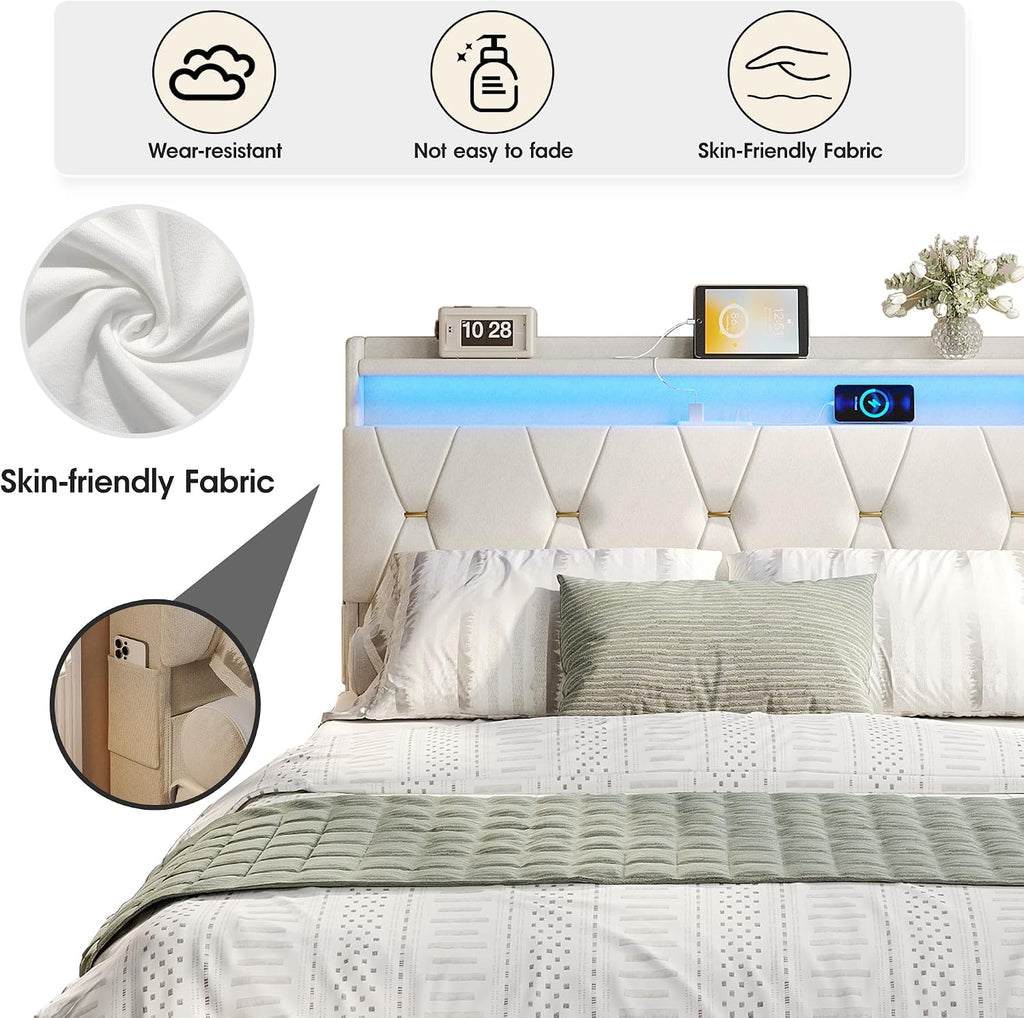 Fameill Queen Size Lift Up Storage Bed Frame, Storage Headboard with Charging Station, LED Lights Upholstered Platform Bed, No Box Spring Needed, Noise-Free, Beige White
