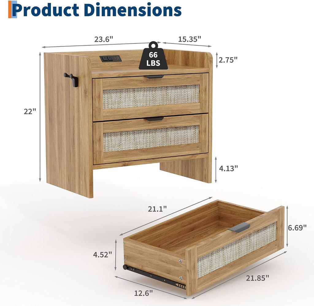 Rattan Nightstand Set of 2, Bedside Table, Modern Night Stand with Type-C Charging Station, 2 Drawer Storage Space, with Hook Included, Suitable for Bedroom, Office as a End Table, Side Tables
