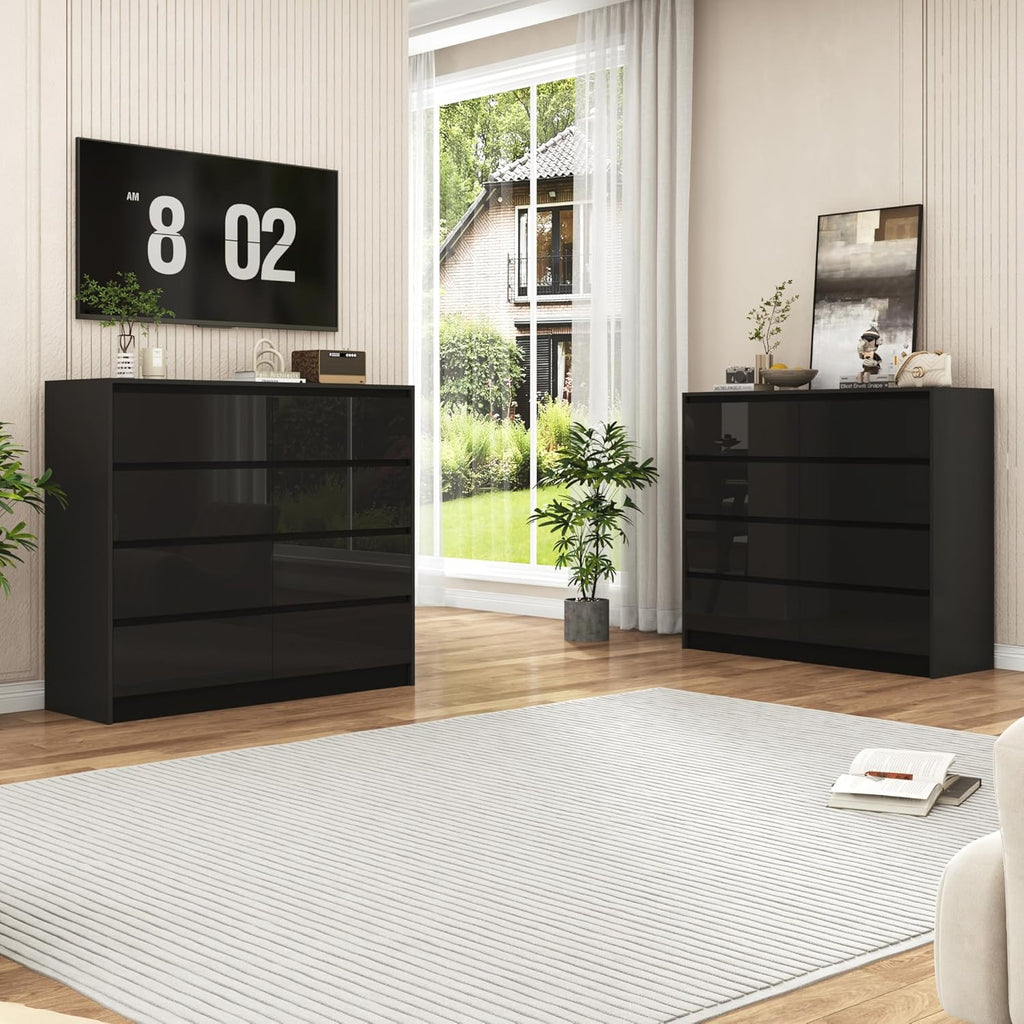 jiteentarou Black Malm High Gloss Dresser for Bedroom, 47' Wide 41' Tall Dresser with 8 Drawers, Modern Large Wood Chest of Drawer Handle Free, Living Room, Entryway, Hallway, Black