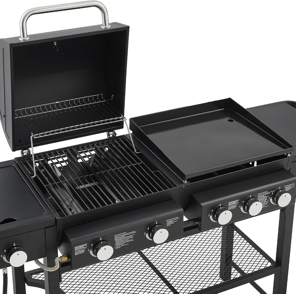 Black 5 Burner Propane Gas BBQ Griddle Grill Combo with Side Burner, 56000 BTU Output Stainless Steel Barbecue Grill with Storage and Side Tables for Outdoor Cooking Patio Backyard (2+3+1)