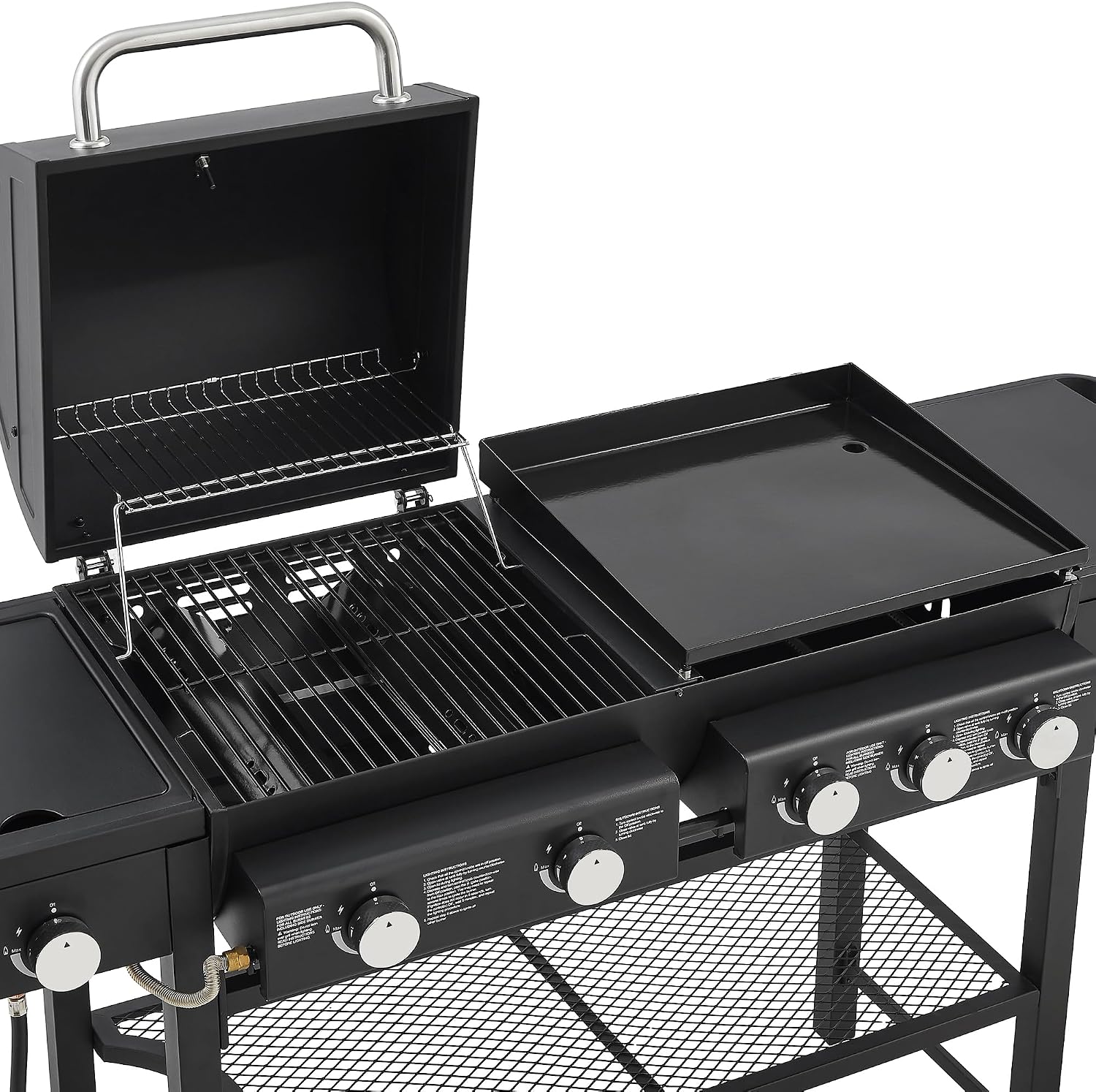 Black 5 Burner Propane Gas BBQ Griddle Grill Combo with Side Burner, 56000 BTU Output Stainless Steel Barbecue Grill with Storage and Side Tables for Outdoor Cooking Patio Backyard (2+3+1)