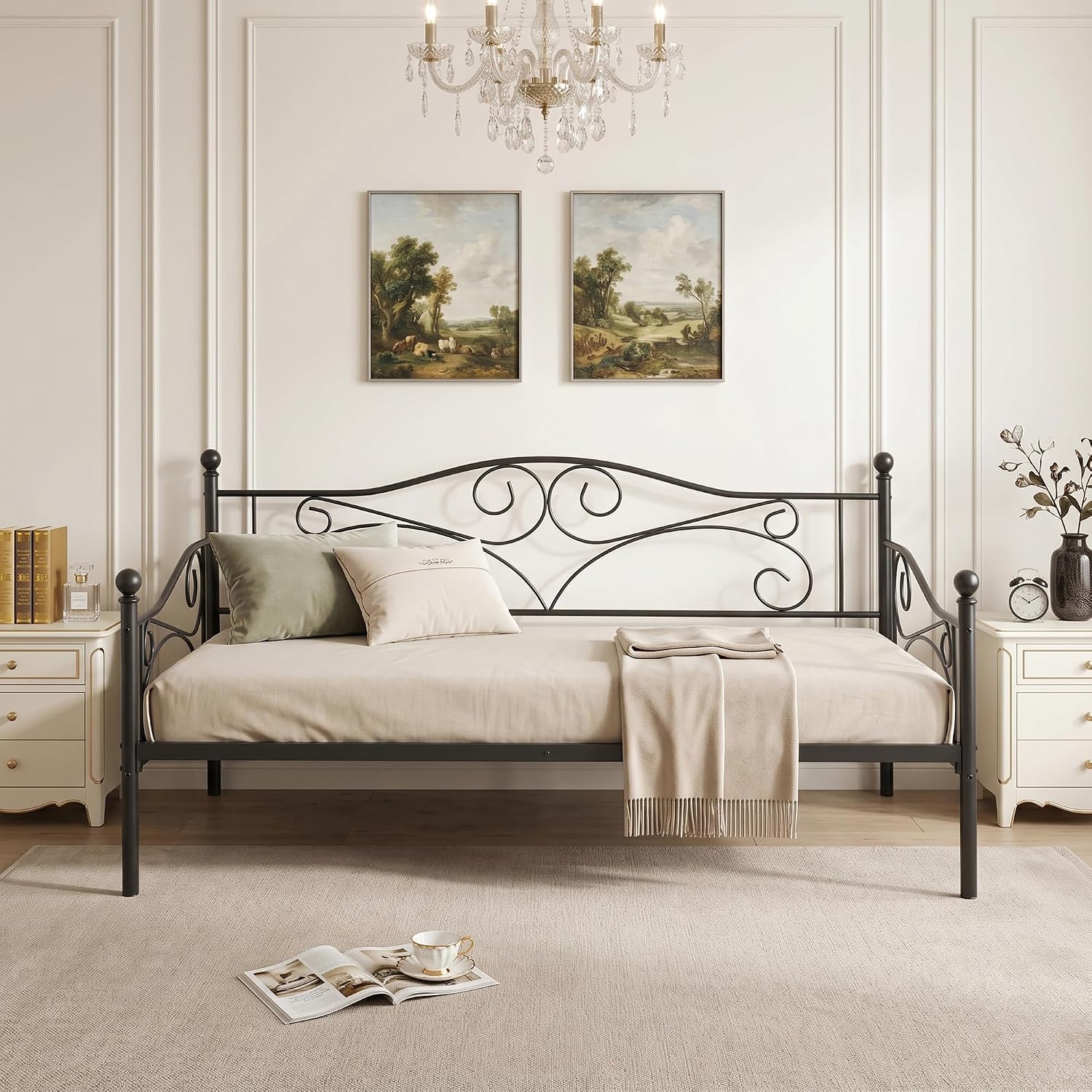 VECELO Daybed Frame, Twin Size Metal Platform Bed with Headboard,Heavy Duty Steel Slats Support for Living Room Bedroom Guest Room, Easy Assembly