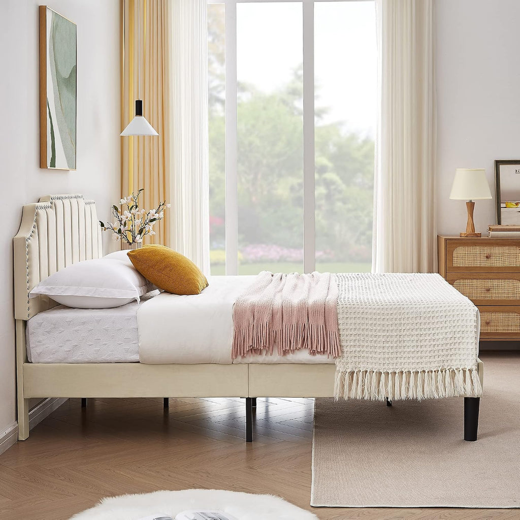 VECELO Upholstered Platform Full Bed Frame with Tufted Adjustable Headboard/Mattress Foundation/Wood Slat Support,Easy Assembly,Beige