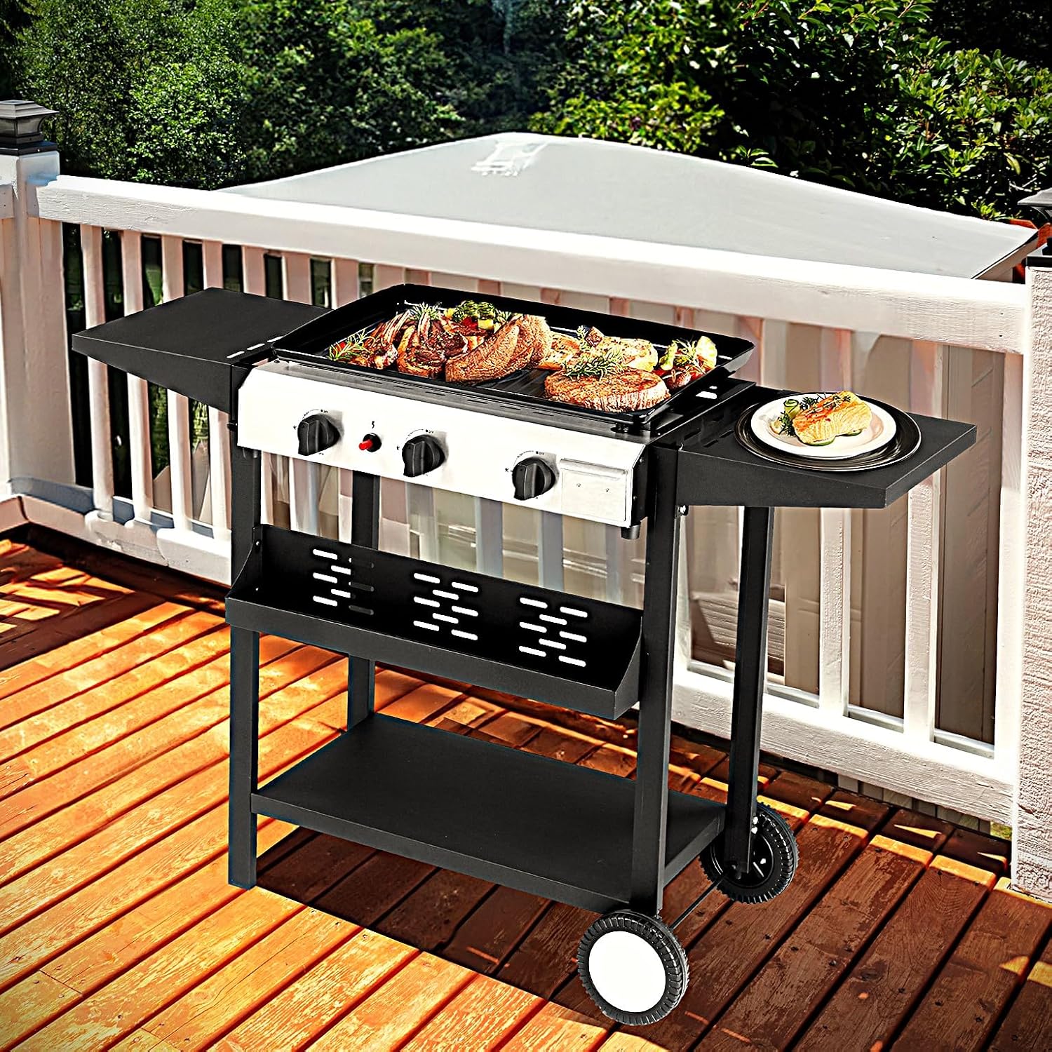 Flat Top Propane Grill, 3-Burner with Removable Griddle, 30,000 BTU, 2-Wheel Stand