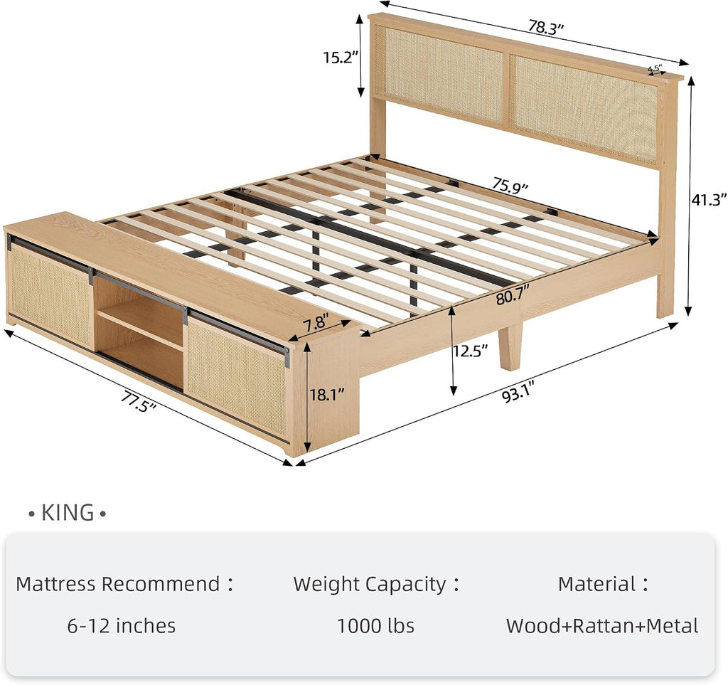 GarveeHome Natural Rattan King Size Bed Frame with Sliding Barn Door Storage Cabinets and Headboard, Boho Farmhouse Wood Platform Bed with Solid Wood Legs Support, No Box Spring Needed