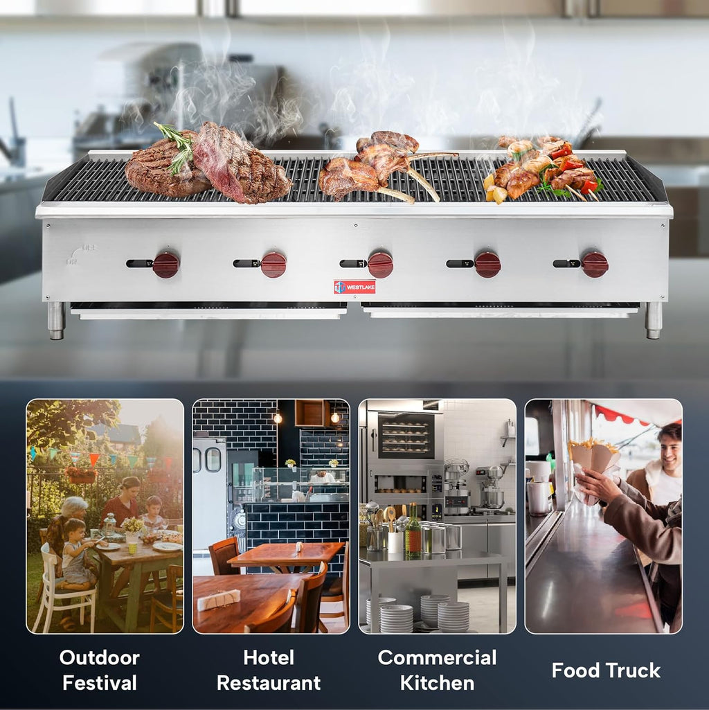 WESTLAKE 60'W Commercial Charbroiler Gas Countertop 5 Burner Natural Gas and Propane 150,000 BTU Char Broiler Stainless Steel BBQ Stove Grill for Restaurants