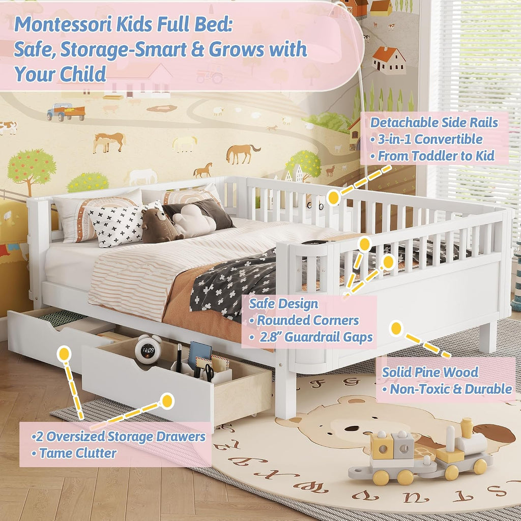Full Kids Bed with Storage Drawers & Rails, Wood Low Montessori Beds with Detachable Side Rails & Slats, Modern Daybed for Boys Girls Bedroom, Kids Full Platform Bed, White