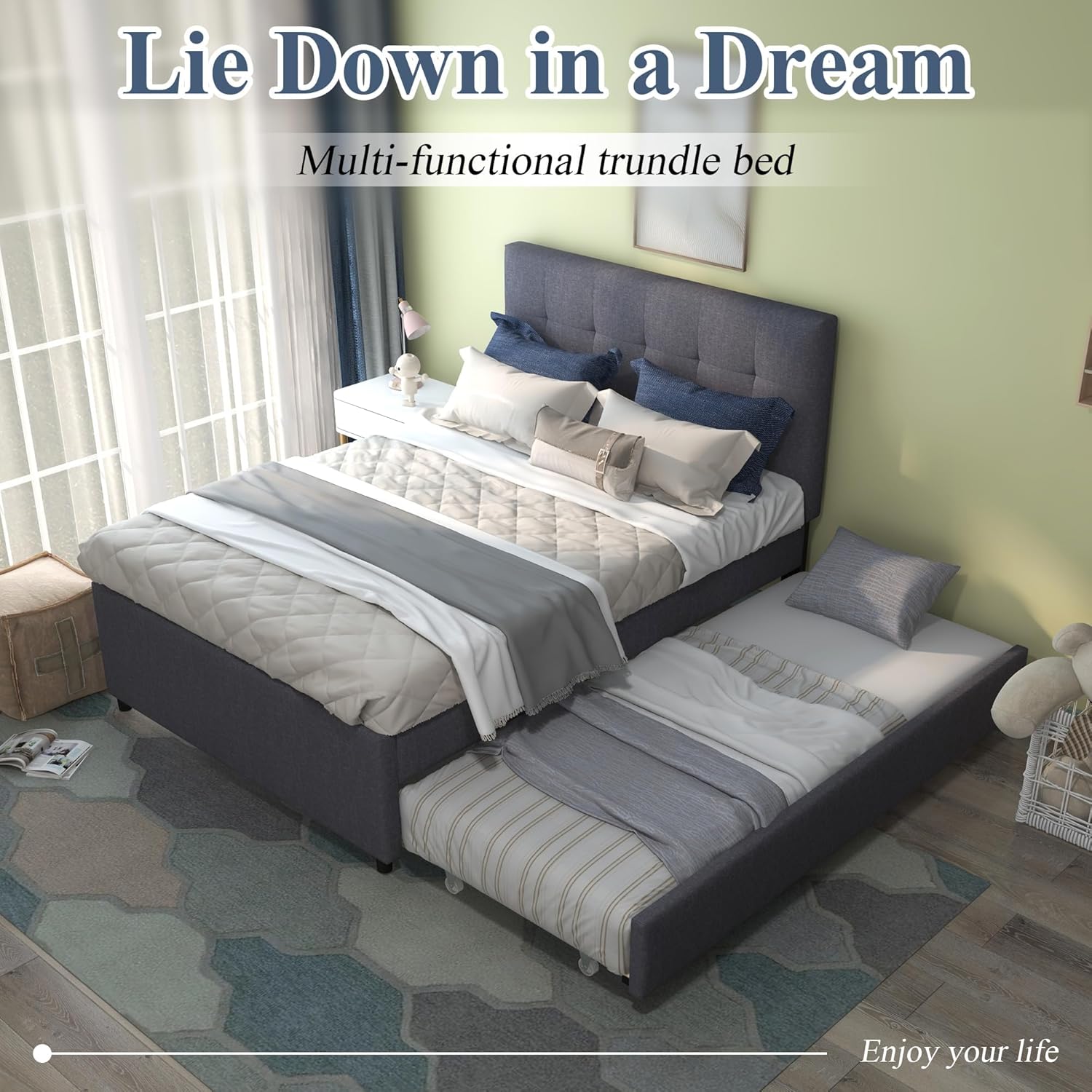 civama Full Bed with Trundle, Upholstered Full Over Twin Pull Out Platform Bed with Soft Linen Headboard & Wooden Slat Support for Bedroom Apartment, No Box Spring Needed, Grey