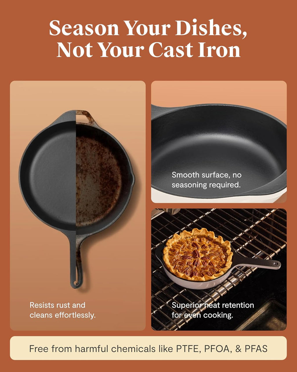 Caraway Cast Iron Skillet Set - 8', 10.5', & 12' Enameled Cast Iron Pan With 3 Layer Enamel Coating - No Seasoning Required - Compatible With All Stovetops - Free From Forever Chemicals - Cream
