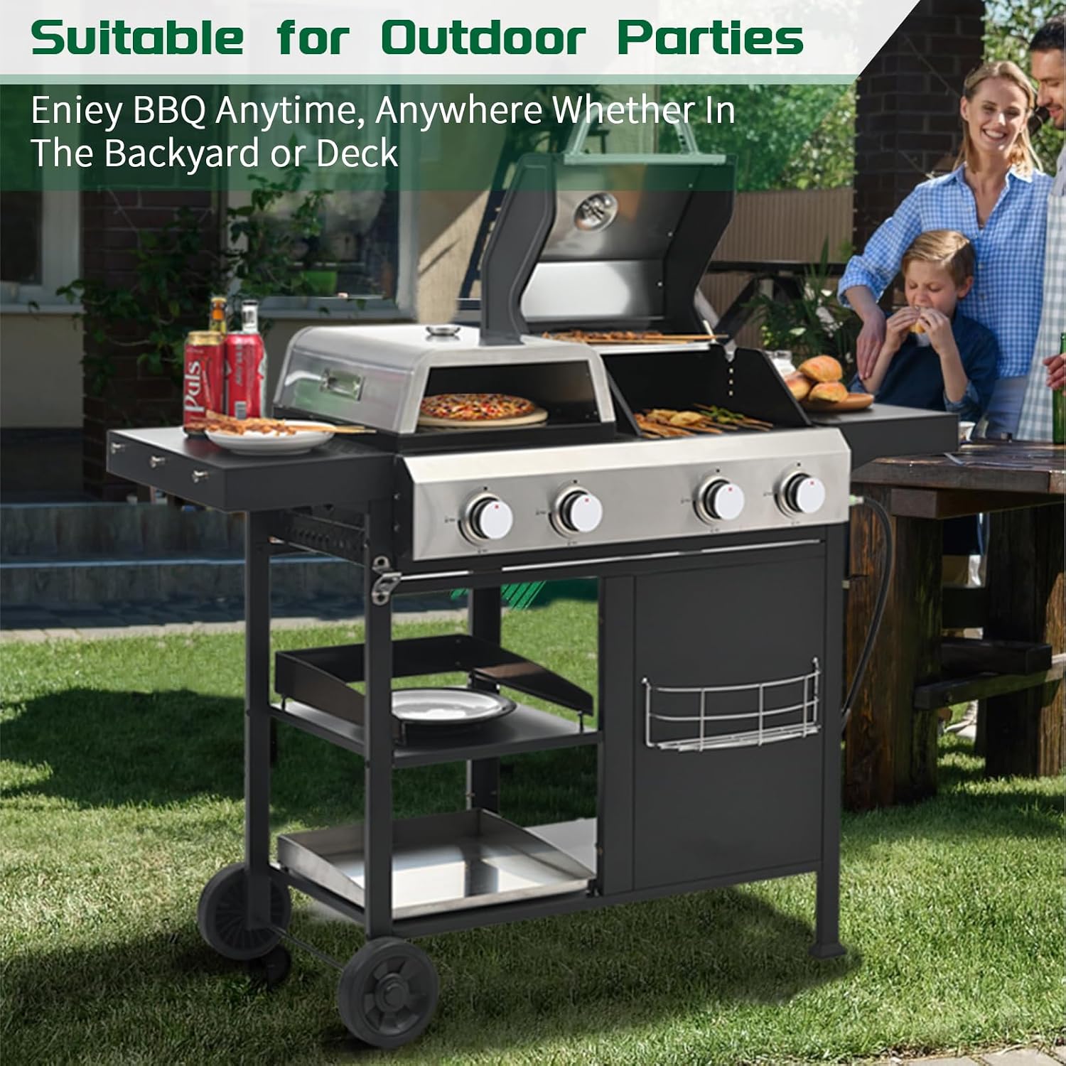 2+2 Multi-function Pizza Griddle Grill Combo,4 Burners Stainless Steel Propane Gas Grill,49,200 BTU Output for Outdoor BBQ,Frying,Pizza Making,Patio Backyard Barbecue,Deck