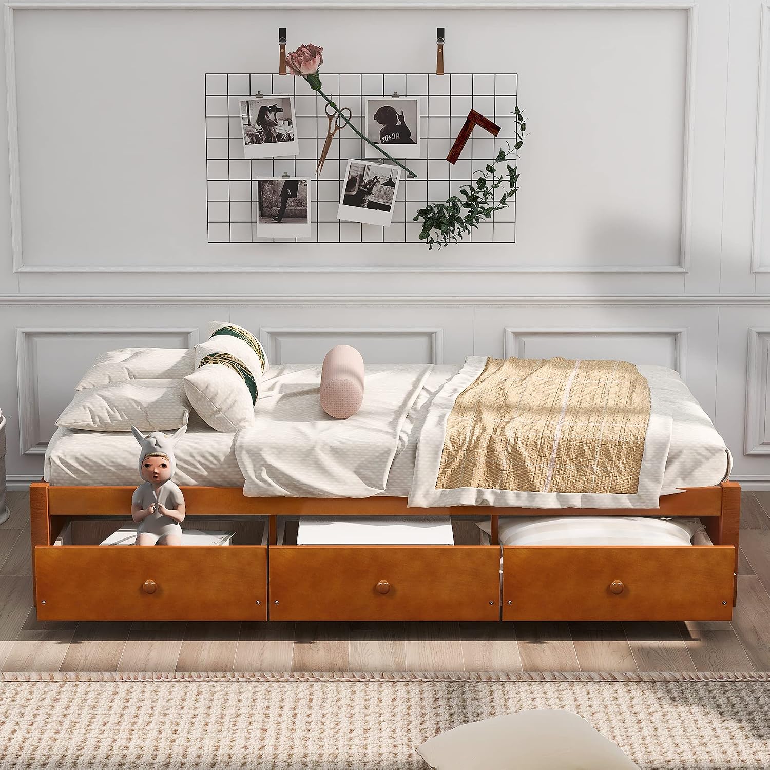 SOFTSEA Twin Size Wood Platform Bed Frame with 2 Storage Drawers, Twin Platform Bed with Slats Support, Without Headboard for Kids Guest, Save Space
