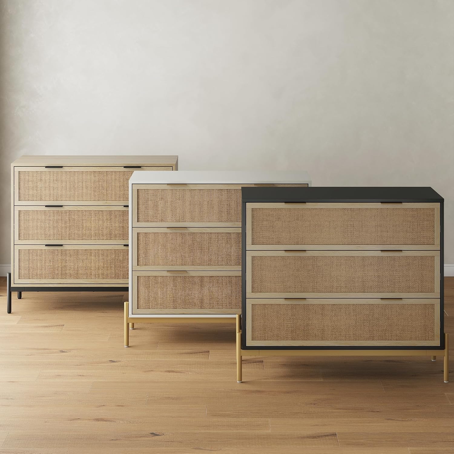 Nathan James Andrew 3-Drawer Chest Rattan Dresser, Bohemian Deep Drawer Dresser for Bedroom with Natural Rattan Accent and Metal Legs, Matte Black