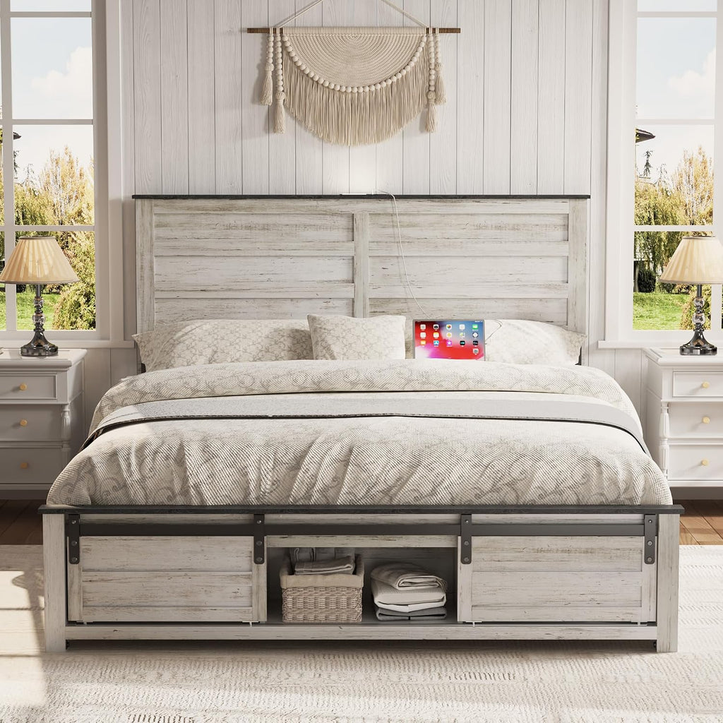 Wooden Bed Frame King Size with Headboard & Sliding Barn Door Storage Footboard, Farmhouse Platform Bedframe with Charging Station and LED Lights, No Box Spring Needed, Boho White