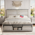 Wooden Bed Frame King Size with Headboard & Sliding Barn Door Storage Footboard, Farmhouse Platform Bedframe with Charging Station and LED Lights, No Box Spring Needed, Boho White