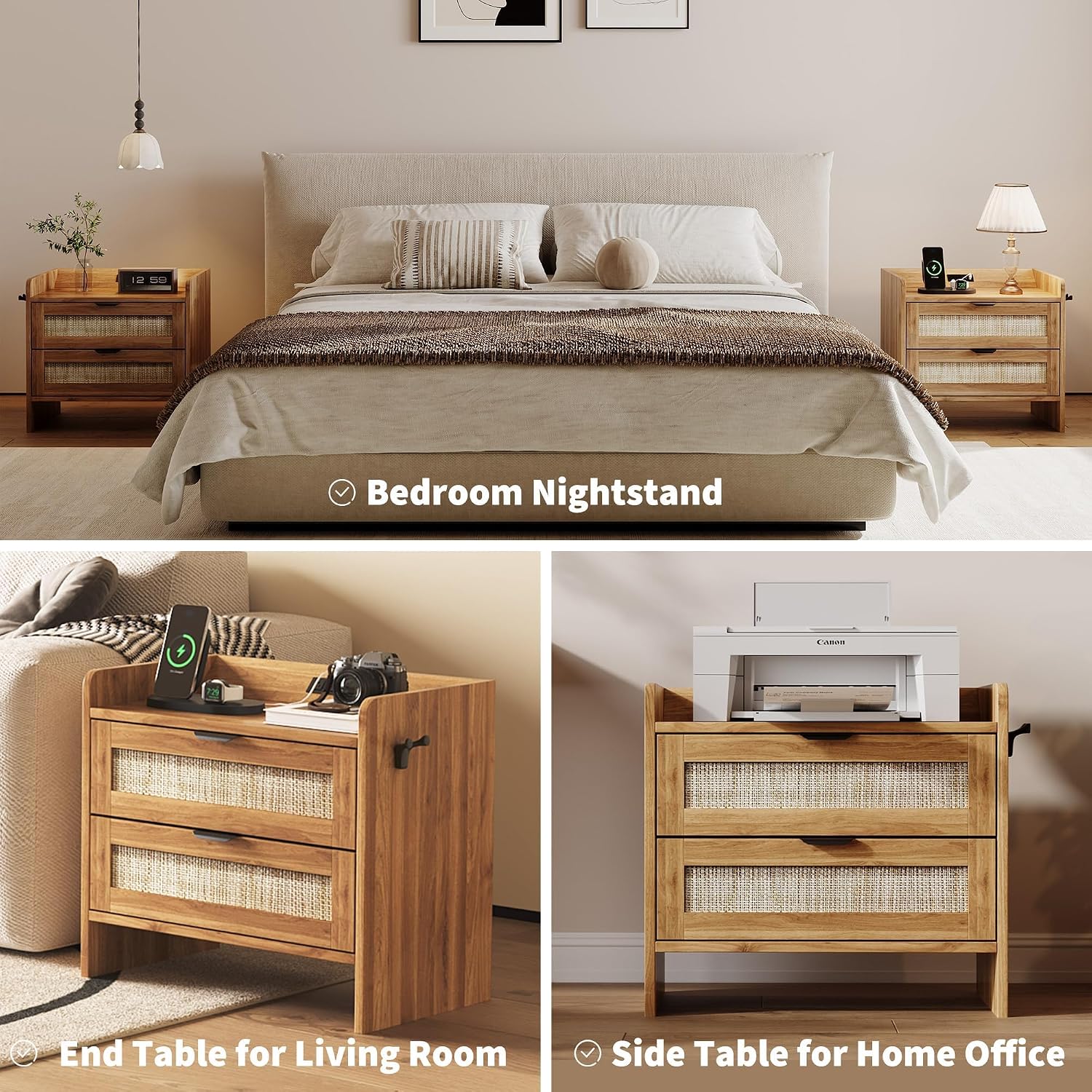 Rattan Nightstand Set of 2, Bedside Table, Modern Night Stand with Type-C Charging Station, 2 Drawer Storage Space, with Hook Included, Suitable for Bedroom, Office as a End Table, Side Tables