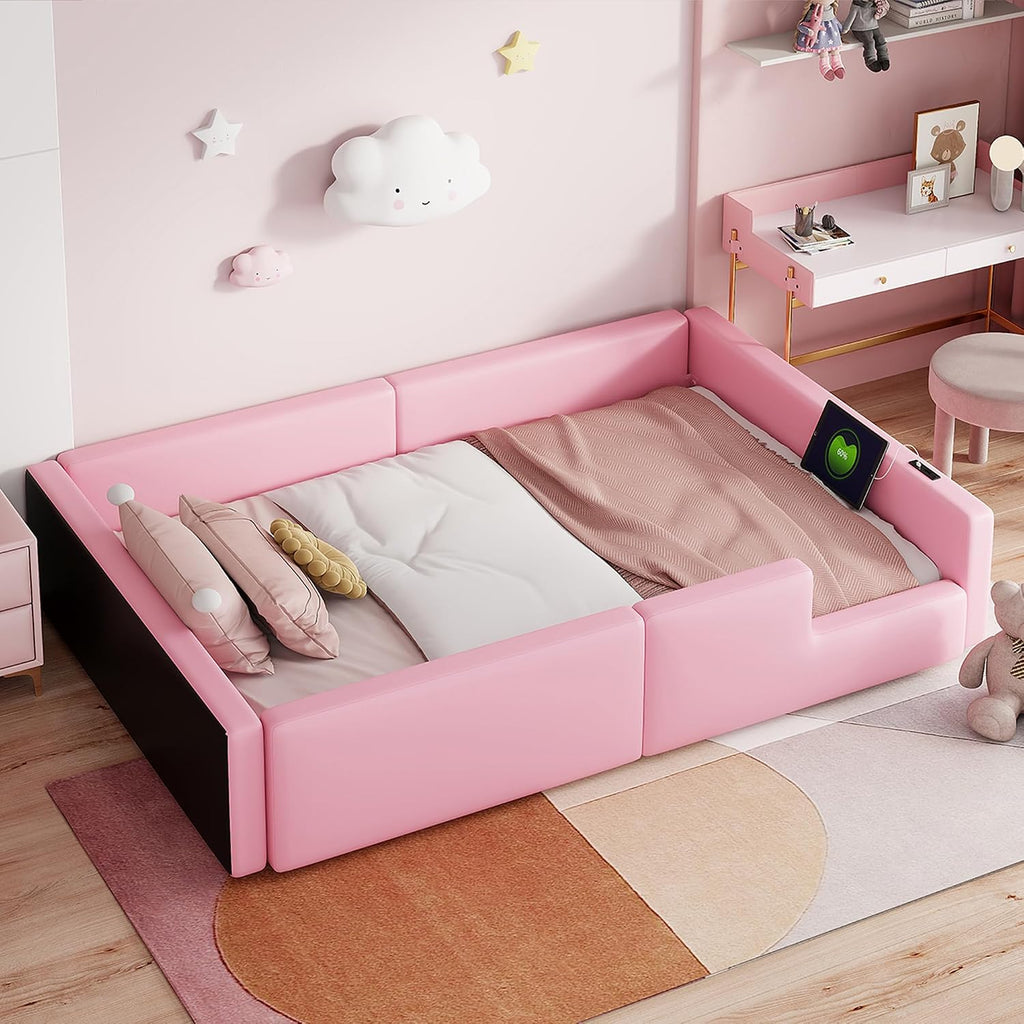 VilroCaz Twin Size Upholstered Platform Bed with Safety Guardrail, Montessori Kids Floor Bed, Child Grounded Bed with Charging Station and Sturdy Slats Support