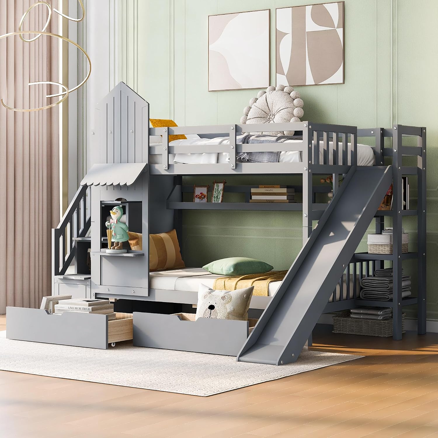 Harper & Bright Designs Kids Bunk Bed with Staircase and Slide, Twin Over Twin Wood Bunk Bed Frame with Storage Drawers & Bookshelf, Castle Style Bunk Beds for Girls, Boys (Gray)