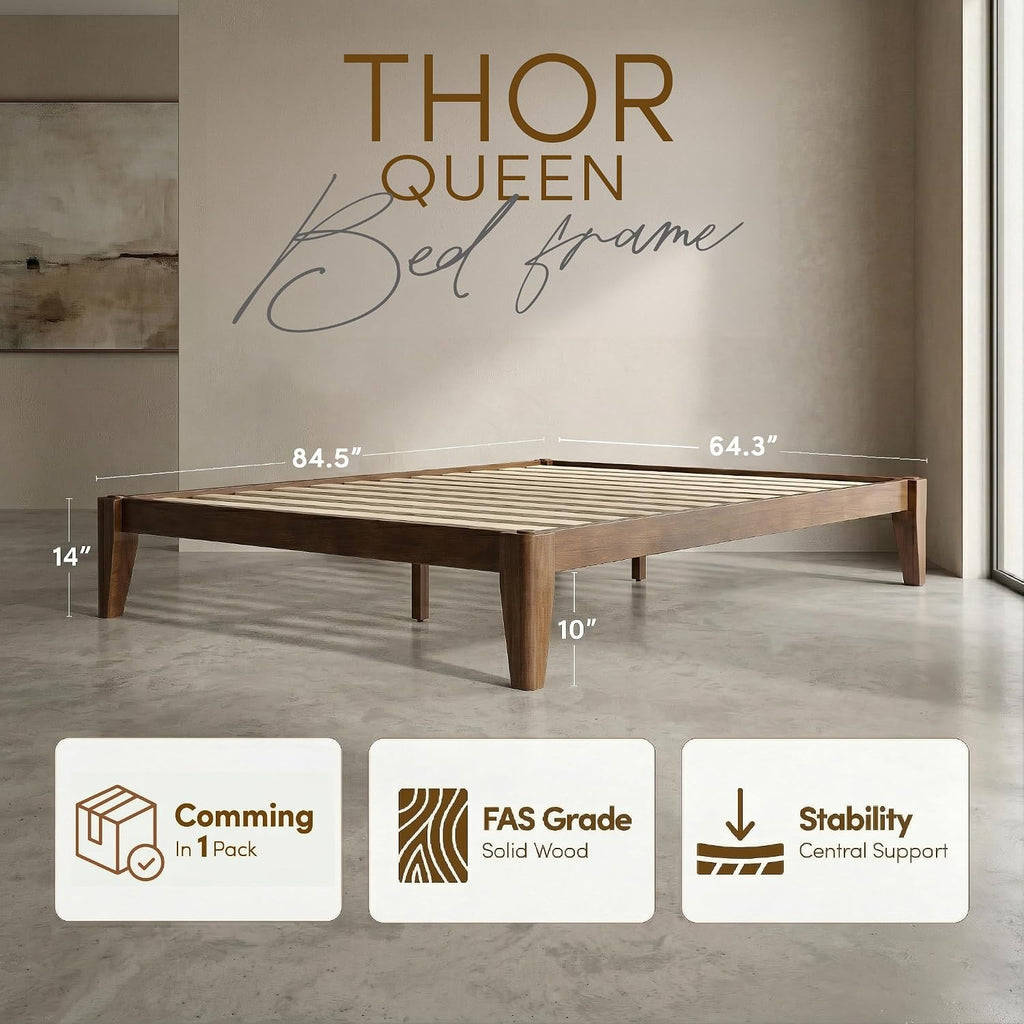 Thor Premium Solid Wood Bed Frame Queen, Japanese Joinery Bed Frame with Wood Slat Support, Platform Bed, No Box Spring Needed, Easy Assembly, Minimalist & Modern Style (Walnut)