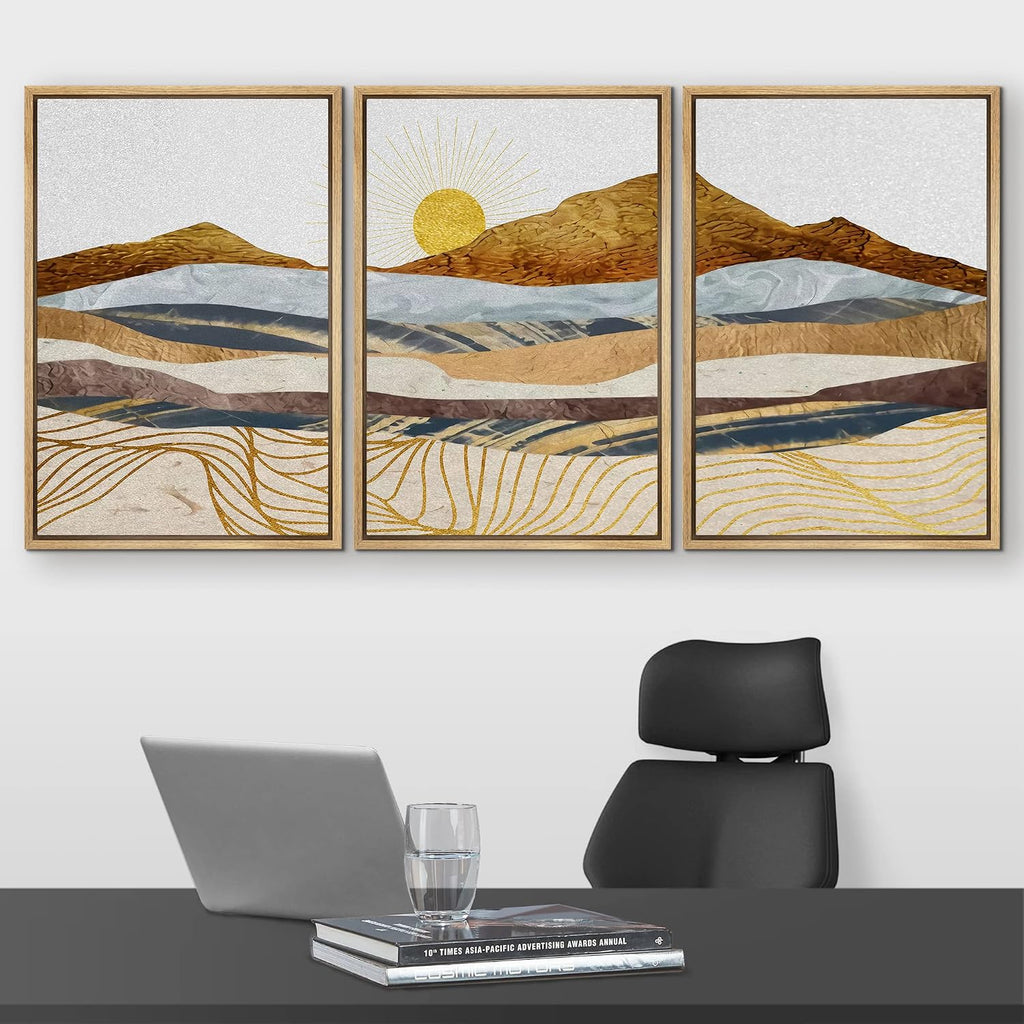 wall26 Framed Canvas Print Wall Art Set Gold Wave Geometric Mountain Range Nature Wilderness Illustrations Modern Art Decorative Landscape Zen for Living Room, Bedroom, Office - 16'x24'x3 Natural