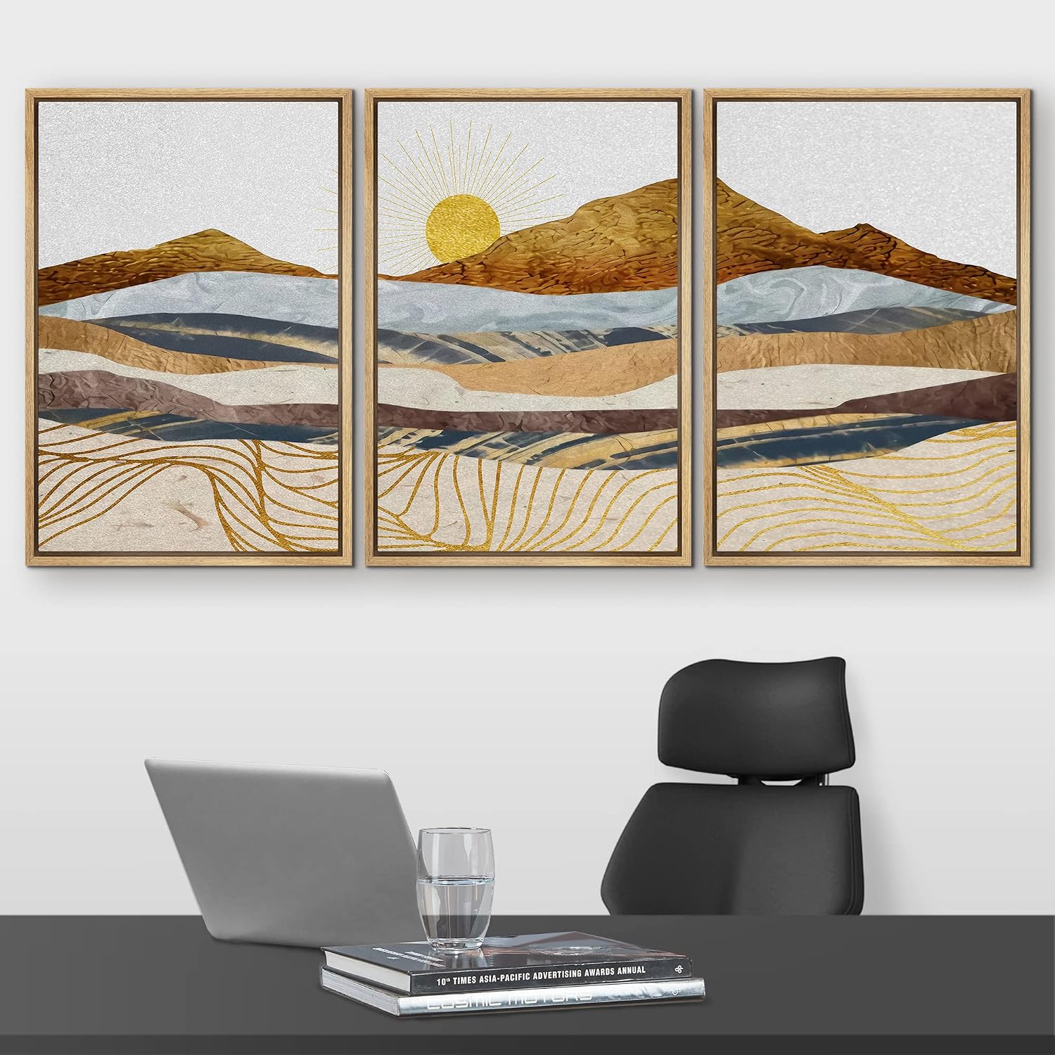 wall26 Framed Canvas Print Wall Art Set Gold Wave Geometric Mountain Range Nature Wilderness Illustrations Modern Art Decorative Landscape Zen for Living Room, Bedroom, Office - 16'x24'x3 Natural