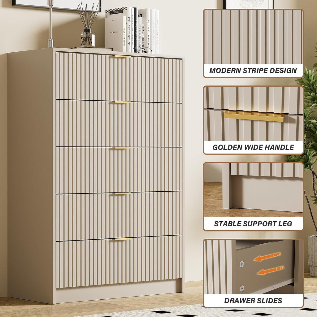 Furniway Beige Dresser Bedroom Set 3 Pieces, Nightstands Sets of 2, 5 Drawer Dresser with Gold Handles for Bedroom
