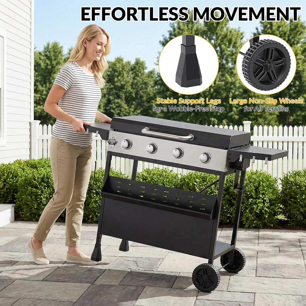 MAGIC UNION 4-Burner Heavy Duty Rolling Flat Top Propane Gas Griddle, Portable Griddle on Cart with Hood & Foldable Side Shelves, 32000 BTU 455 sq.in, for Outdoor Cooking, Camping & Tailgating