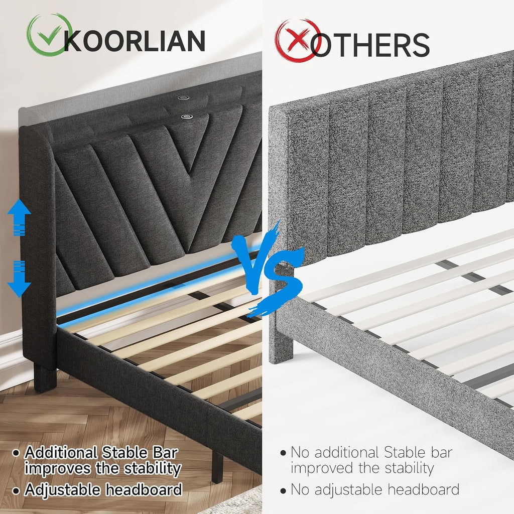 koorlian Full Size Bed Frame, Full Bed Frame with Headboard, Adjustable Upholstered Bed Frame with Type-C&USB Port, Wingback Storage Headboard, Noiseless, No Box Spring Needed, Dark Gray