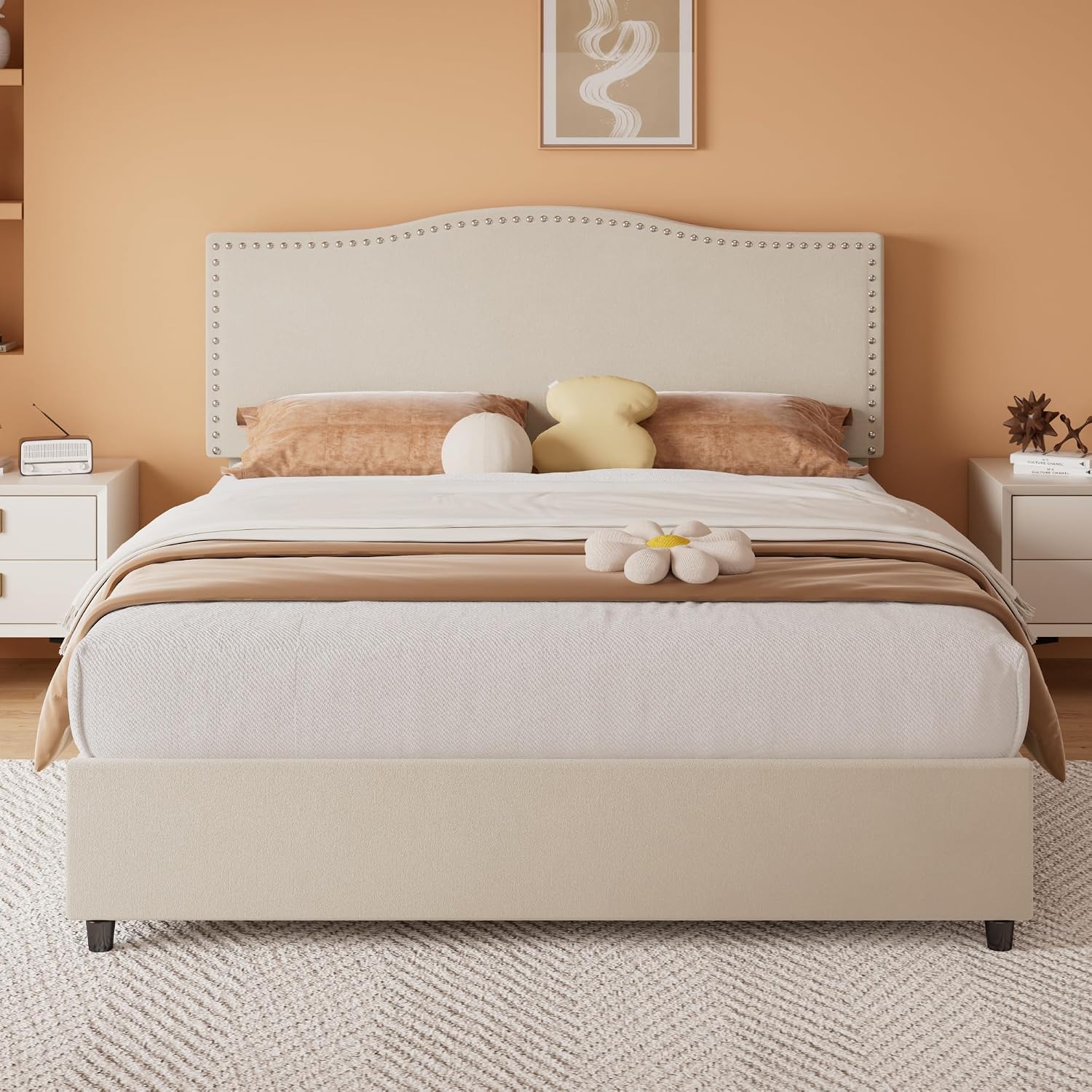 VECELO Queen Bed Frame Platform Bed Frame with Upholstered Headboard, 4 Storage Drawers, Strong Frame and Heavy-Duty Slats Support, Non-Slip and Noise-Free, Easy Assembly,Pink