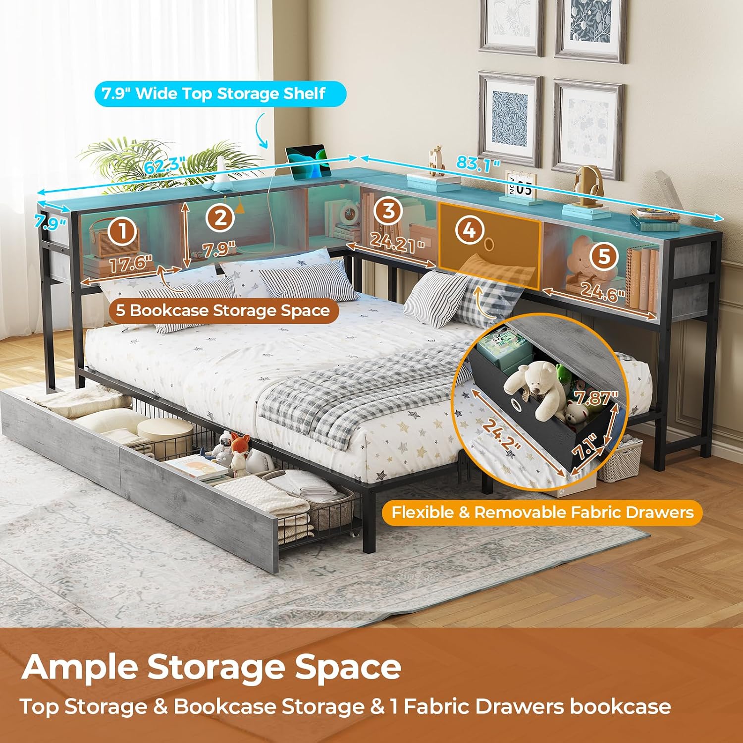 DICTAC Corner Full Bed Frame with Bookcase Storage and Led Lights Full Size Metal Platform Bed Frame with Storage Drawers & Charging Station Full Daybed for Living Room,Bedroom,Guest Room,Oak Gray