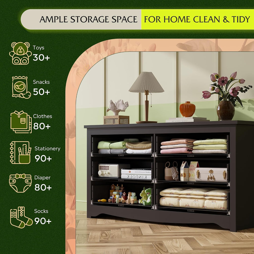 WLIVE Black Wooden Dresser for Bedroom, 6 Drawers Chest of Drawers, 59' Wide Modern Dresser Closet Storage Organizer for Living Room Hallway