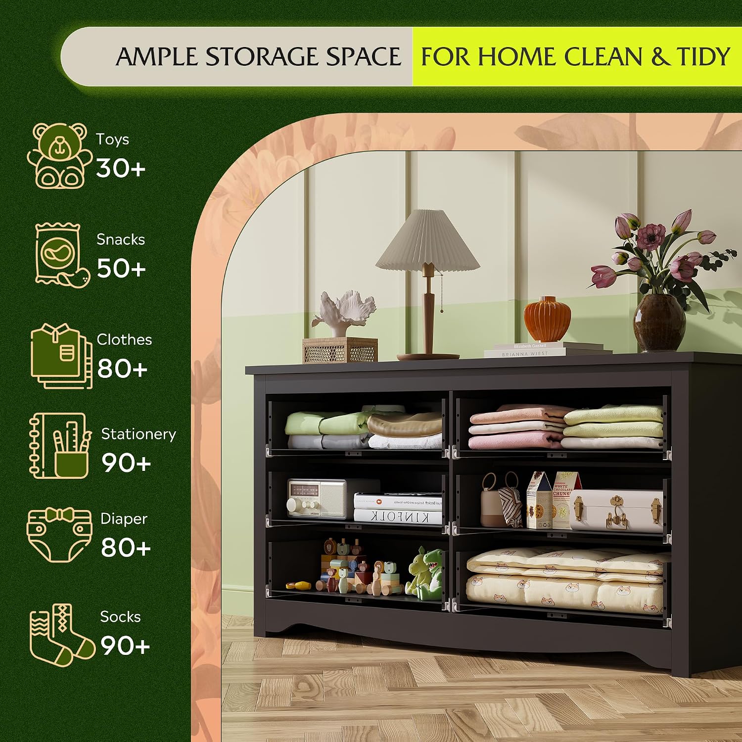 WLIVE Black Wooden Dresser for Bedroom, 6 Drawers Chest of Drawers, 59' Wide Modern Dresser Closet Storage Organizer for Living Room Hallway