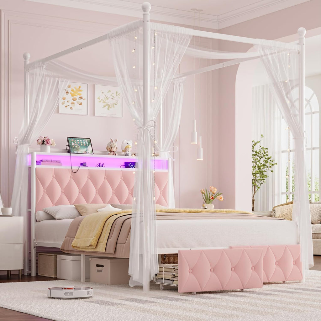 HIFIT Full Size Upholstered LED Canopy Bed Frame with Storage and Charging Station, Button Tufted Storage Headboard with Bookshelf, Two-Use Metal Platform Bed with 4 Removable Posts & 2 Drawers, Pink