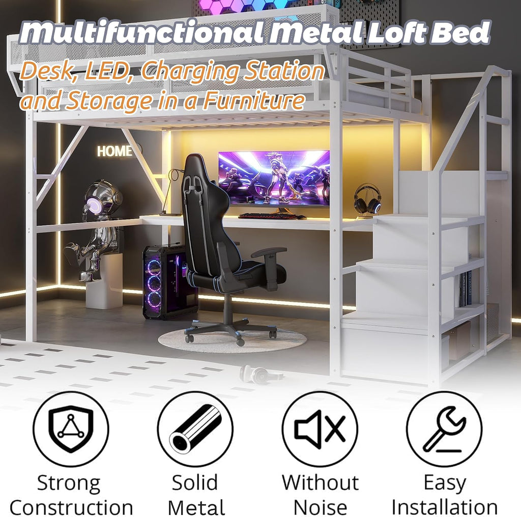 Metal Loft Bed with Desk and RGB LED Lights, Queen Size Loft Bed with Stairs and Charging Station,Adult Loft Beds with Storage Shelves for Upper and Wardrobe,Loft Beds Frame for Kids Teens, White
