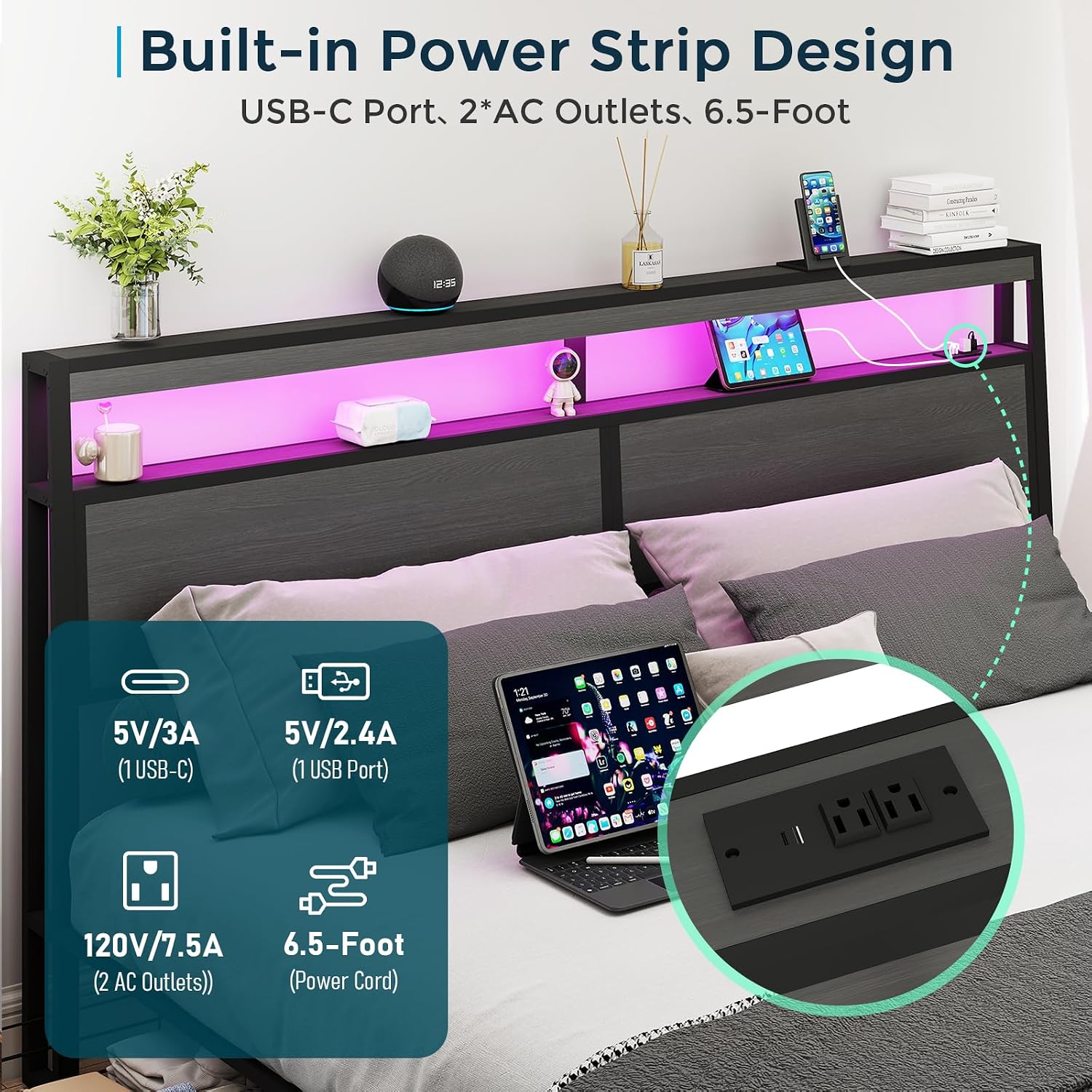 SADENICEL King Bed Frame with Storage Headboard and 4 Drawers, Metal Platform Bed Frame with LED Light, Charging Station, No Box Spring Needed, Noise Free, Easy Assembly, Rustic Grey