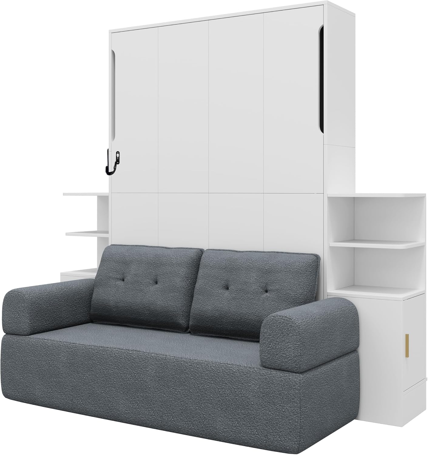 Full Wood Murphy Bed with Sofa,Shelves and Cabinets,Modern Foldable Wall Bed with Headboard,Couch and Armrest,for Home Office or Small Room,Space Saving,No Box Spring Needed,Gray
