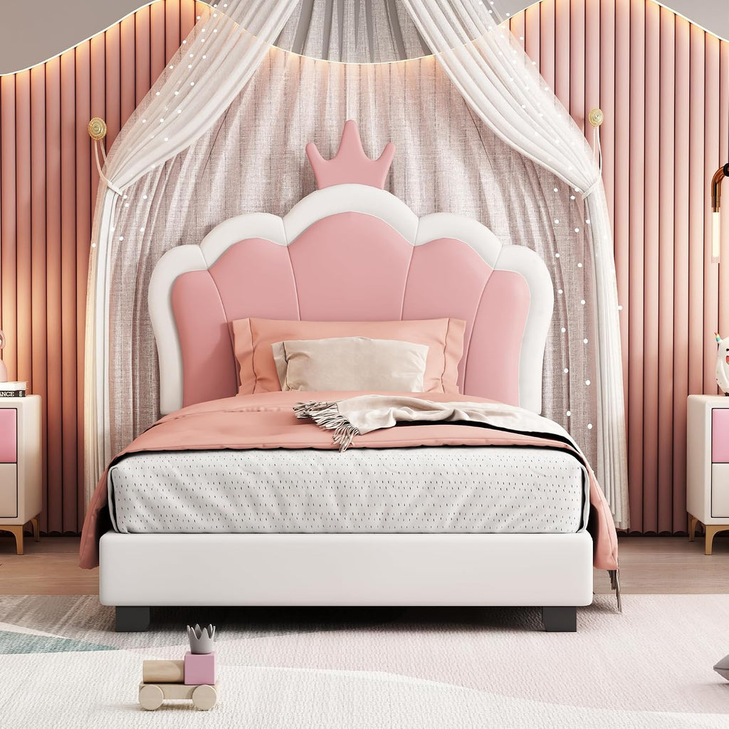 Merax Kids Twin Upholstered Day Bed Frame for Boys Girls, Wood Platform Bed with Crown Headboard, No Box Spring Needed White+Pink