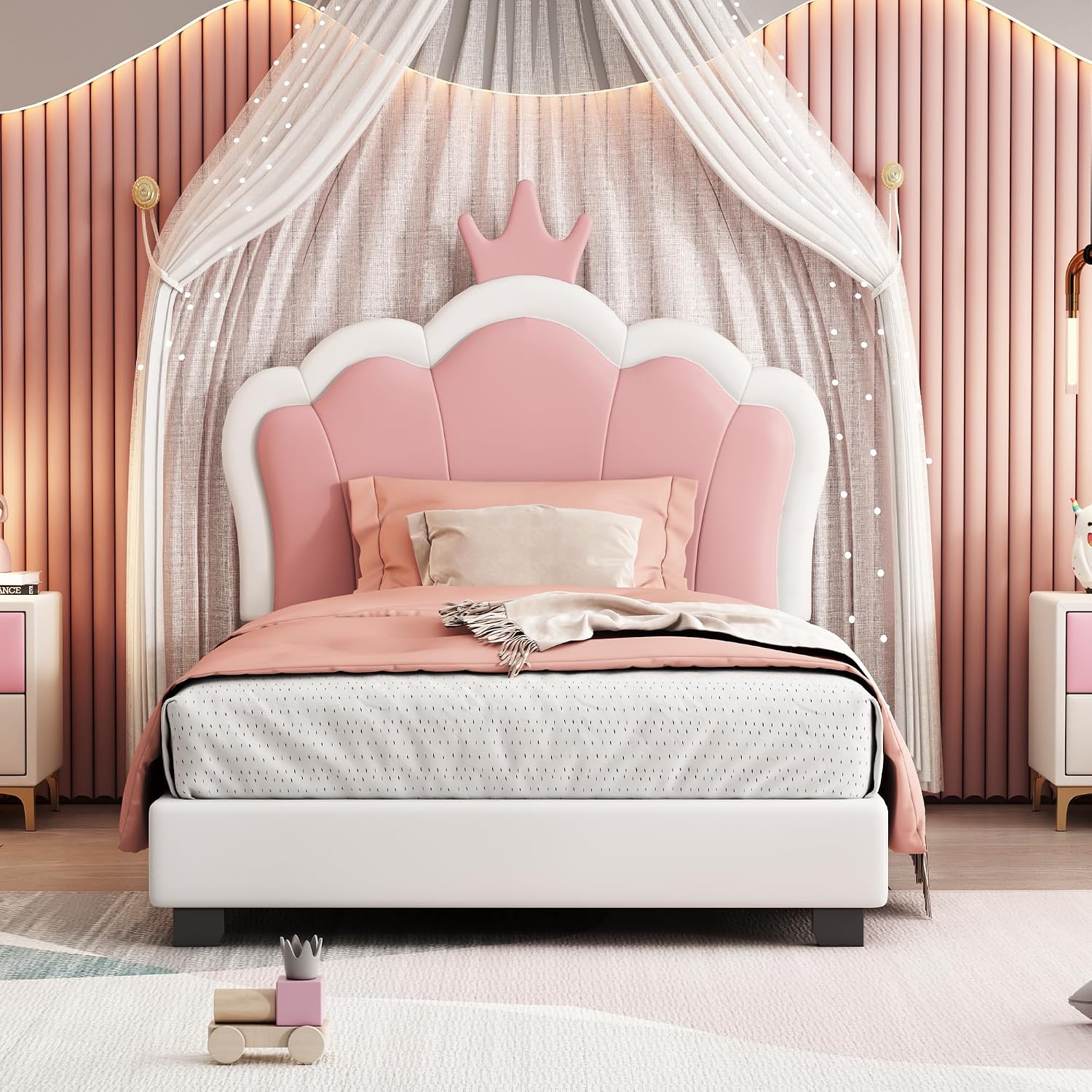 Merax Kids Twin Upholstered Day Bed Frame for Boys Girls, Wood Platform Bed with Crown Headboard, No Box Spring Needed White+Pink