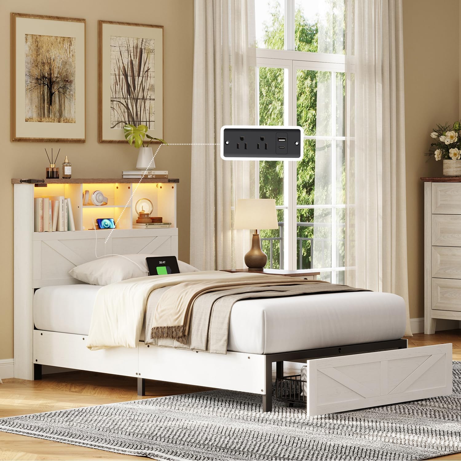 ROCHECASA Twin Bed Frame with Bookshelf, Bookcase High Headboard with Charging Station and LED Light, Farmhouse Bed with Storage Drawers, No Box Spring Needed, Noise Free, Easy Assembly, Antique White