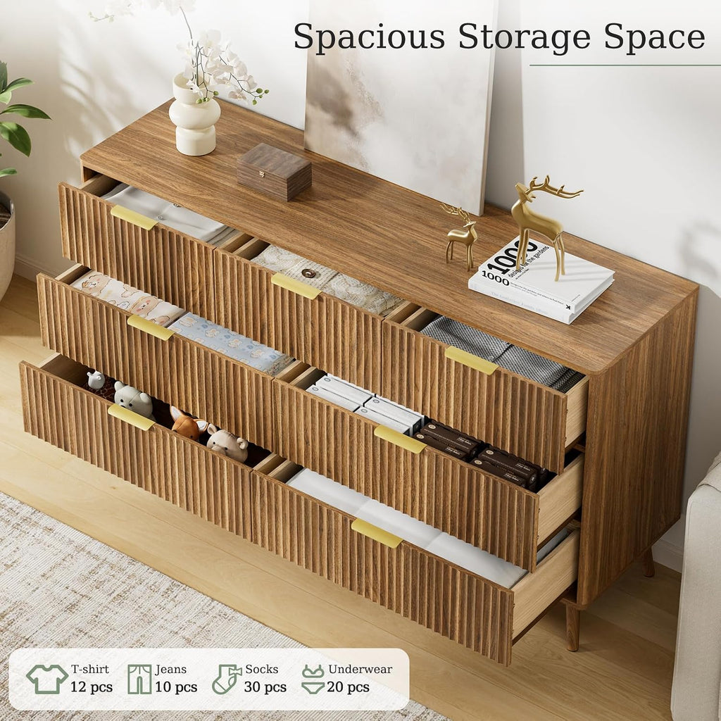 LYNSOM Fluted Dresser and Nightstand Sets 3 Piece, 7-Drawers Dresser and 1-Drawer Nightstands Set of 2, Wood Bedroom Furniture Set for Home, Bedroom, Hallway, Walnut