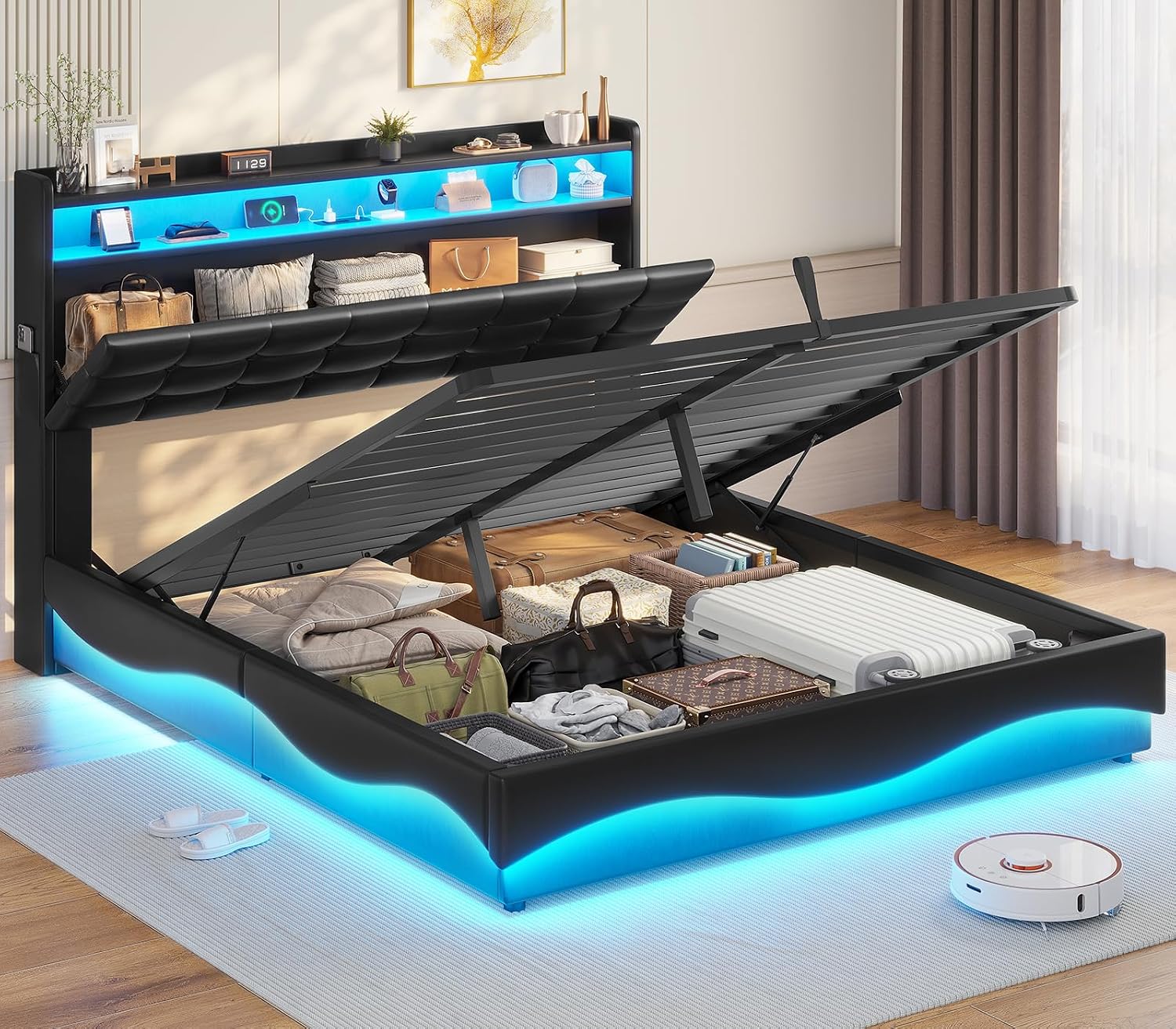 ADORNEVE Lift Up Storage Full Size Bed Frame with Type-C Charging Station& Hidden Storage Headboard, LED Lights Upholstered Platform Bed,Full Bed with Hydraulic, No Box Spring Needed,Black