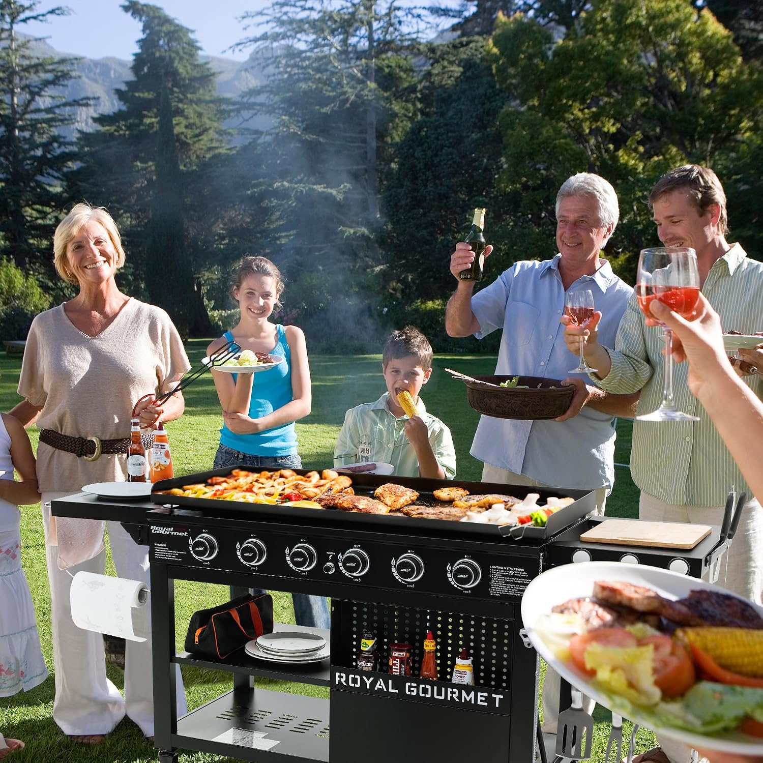 6-Burner Propane Gas Grill Griddle with Foldable Side Tables, 44-Inch Flat Top Grill with Double-Layer Bottom, Ideal for Outdoor Cooking, Black, GB6000-SC