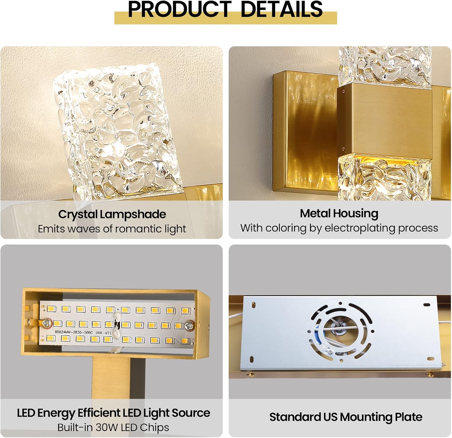 Epinl Gold Bathroom Vanity Light Fixtures Bathroom Light Fixtures Over Mirror 3-Light 4000K LED Crystal Wall Sconces Modern 30W Brushed Hardwired Wall Lights for Bathroom Bedroom Living Room