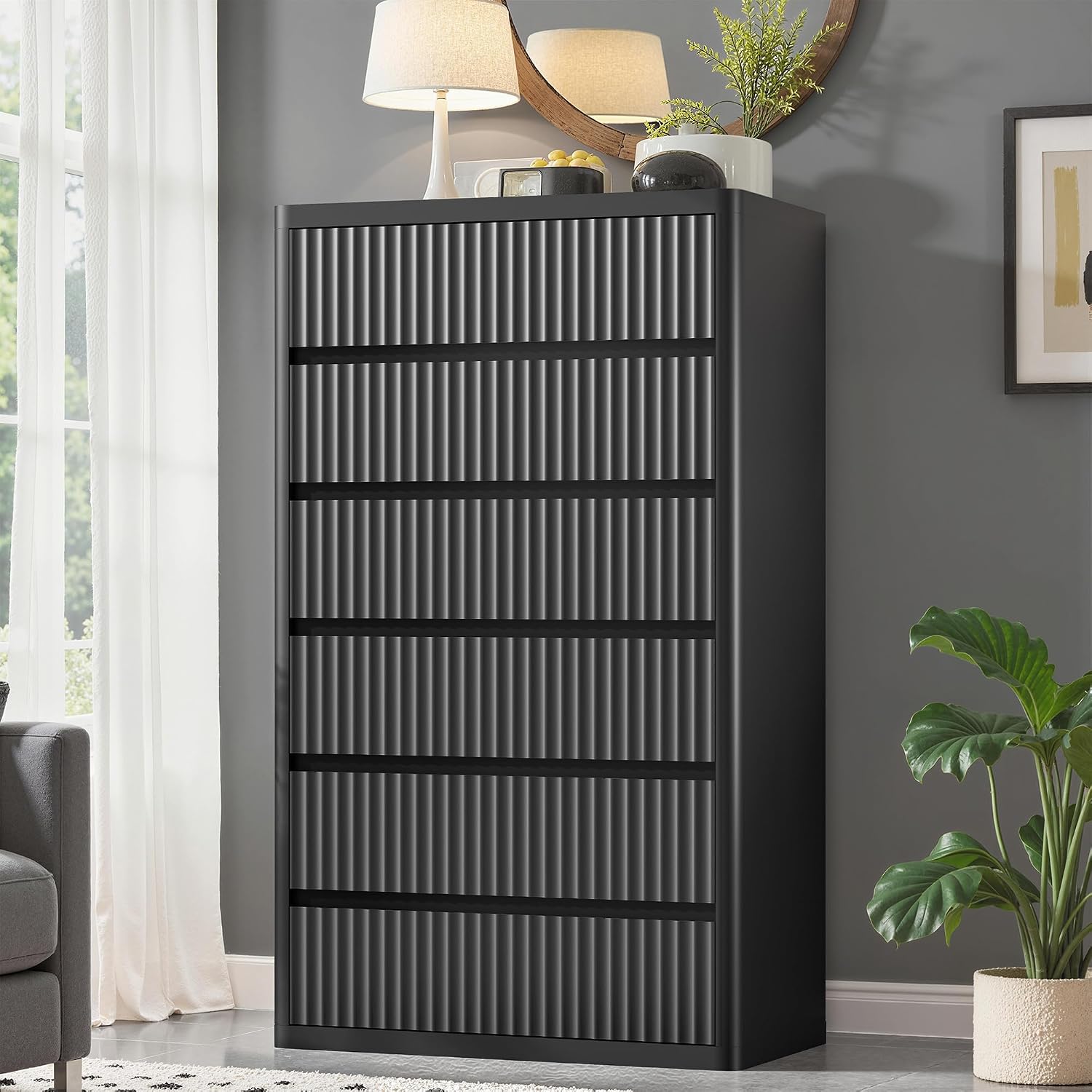 Standifurno Black 56' Tall Dresser for Bedroom, Fluted Modern 6 Drawers Deep Dressers, Wood Chest of Drawers with Handleless, Curved Profil Storage Closet Dressers for Bedroom, Living Room, Hallway
