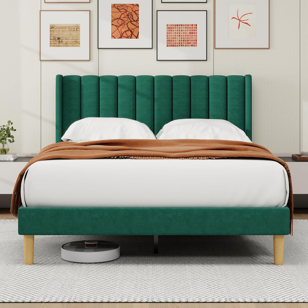 alazyhome Platform Bed Frame Queen Size with Upholstered Headboard, Solid Wood Slats Support, No Box Spring Needed, Noise Free, Easy Assembly, Modern Velvet Bed, Green