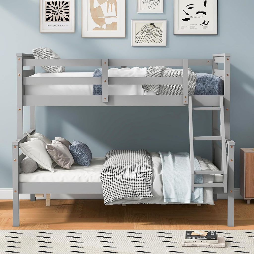 Merax Wood Bunk Bed,Twin Over Full Bunk Beds with Ladder,Safety Guardrail,Can be Separated into 2 Platform Beds,Perfect for Bedroom Kids Adults,Gray